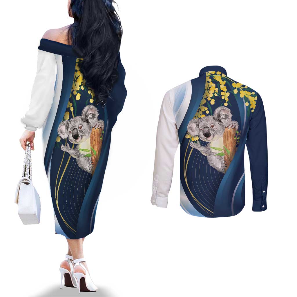 Australia Day Couples Matching Off The Shoulder Long Sleeve Dress and Long Sleeve Button Shirt Koala Blue Modern Vibe