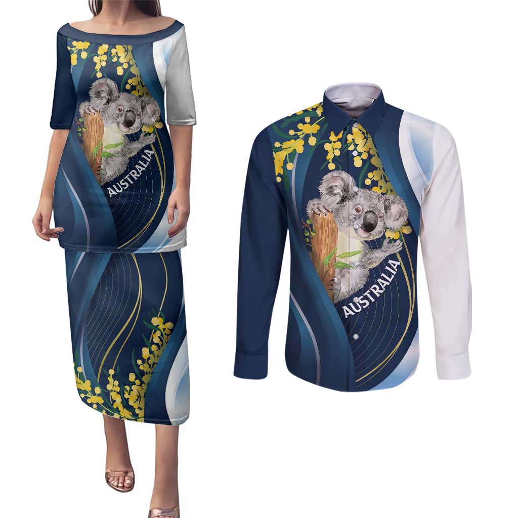 Australia Day Couples Matching Puletasi and Long Sleeve Button Shirt Koala Blue Modern Vibe