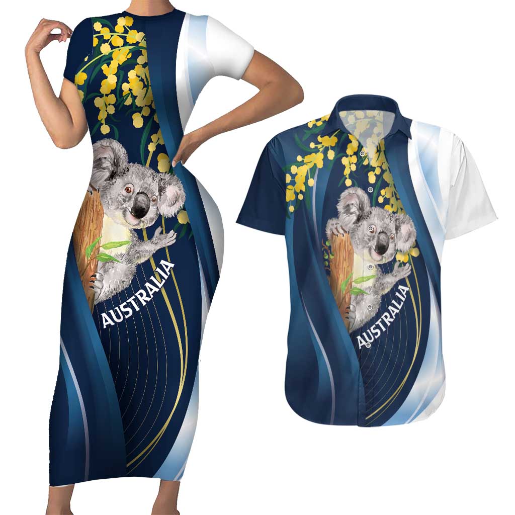 Australia Day Couples Matching Short Sleeve Bodycon Dress and Hawaiian Shirt Koala Blue Modern Vibe