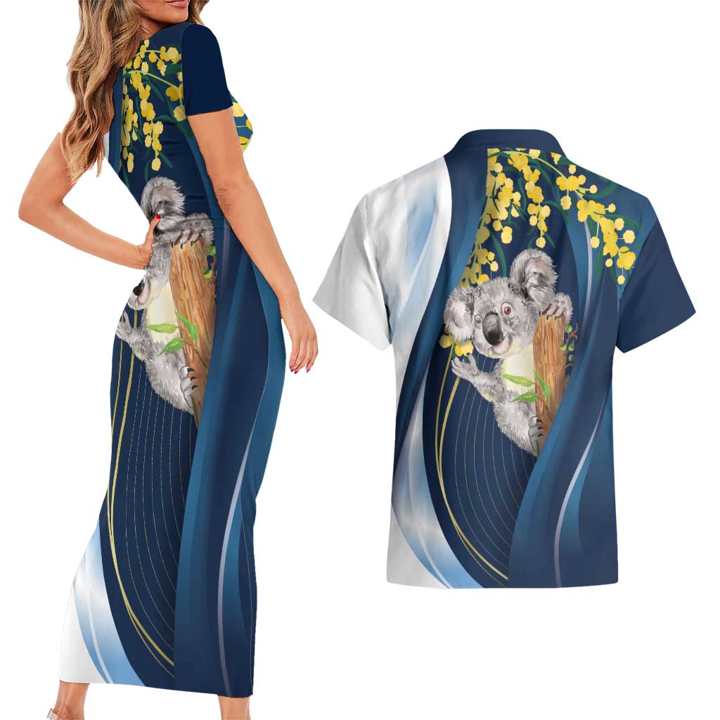 Australia Day Couples Matching Short Sleeve Bodycon Dress and Hawaiian Shirt Koala Blue Modern Vibe