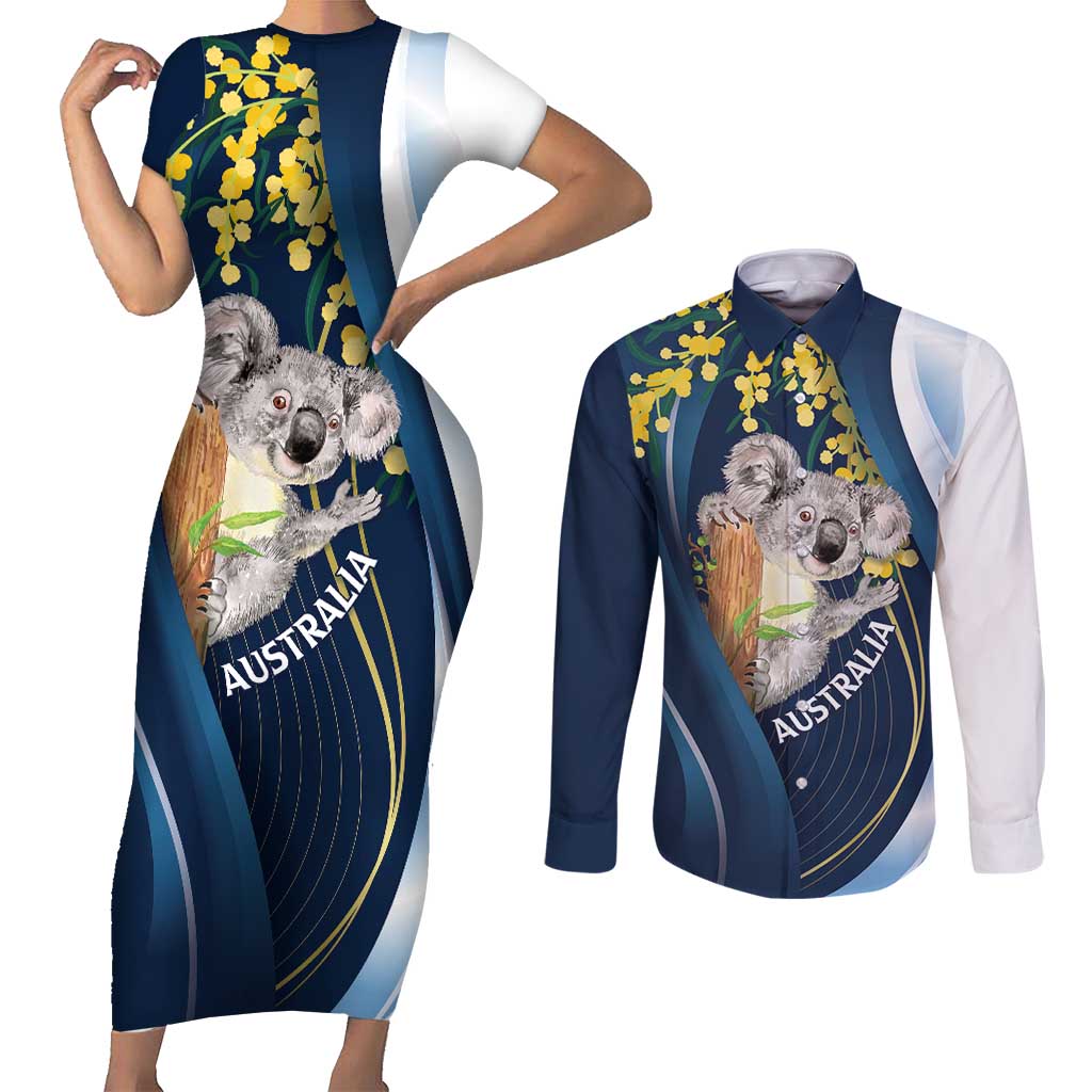 Australia Day Couples Matching Short Sleeve Bodycon Dress and Long Sleeve Button Shirt Koala Blue Modern Vibe