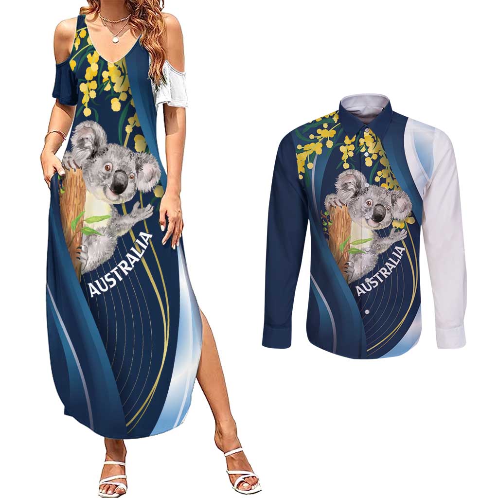 Australia Day Couples Matching Summer Maxi Dress and Long Sleeve Button Shirt Koala Blue Modern Vibe