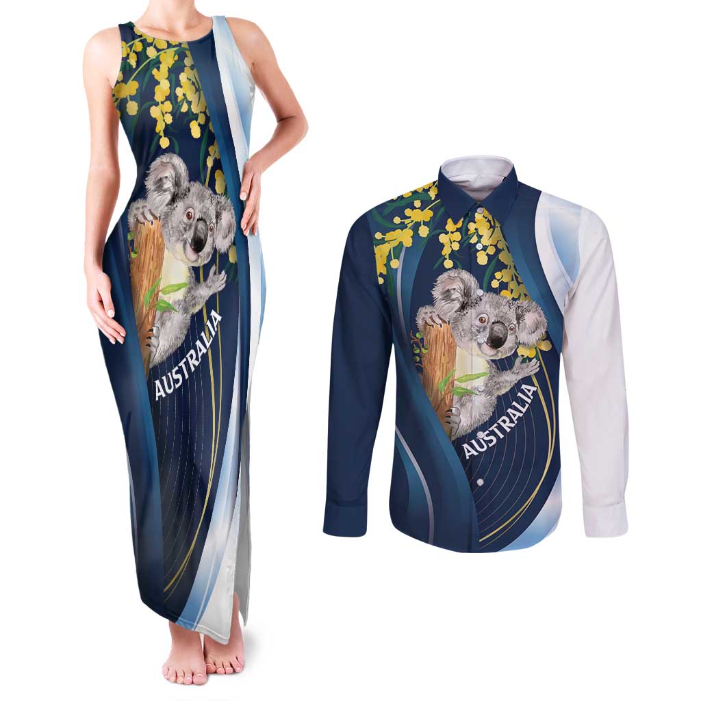 Australia Day Couples Matching Tank Maxi Dress and Long Sleeve Button Shirt Koala Blue Modern Vibe