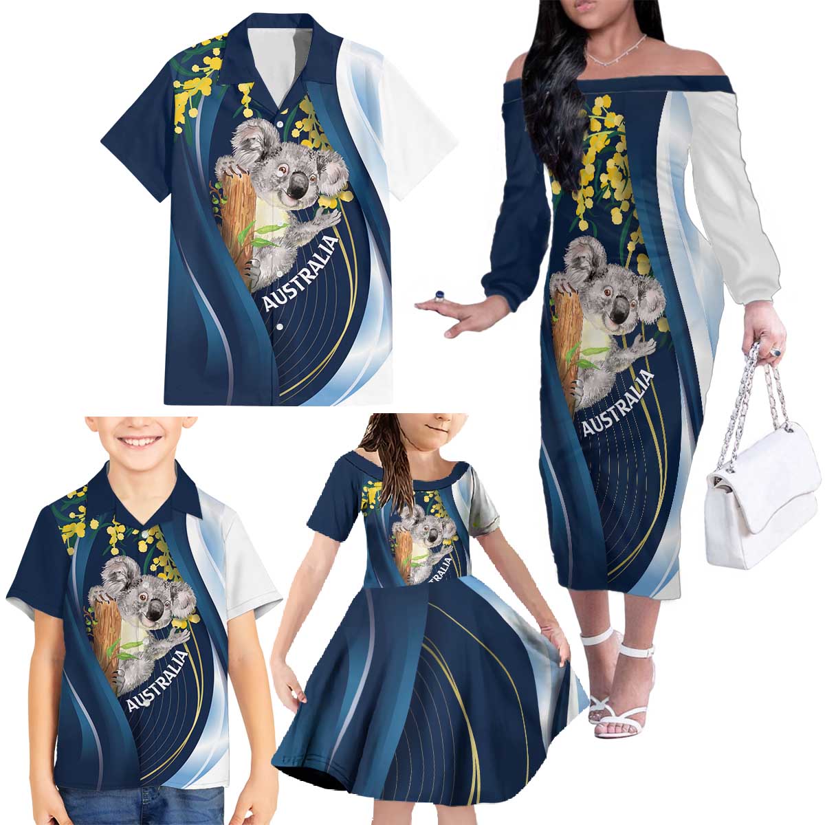 Australia Day Family Matching Off The Shoulder Long Sleeve Dress and Hawaiian Shirt Koala Blue Modern Vibe