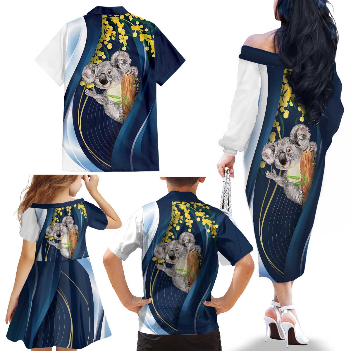 Australia Day Family Matching Off The Shoulder Long Sleeve Dress and Hawaiian Shirt Koala Blue Modern Vibe