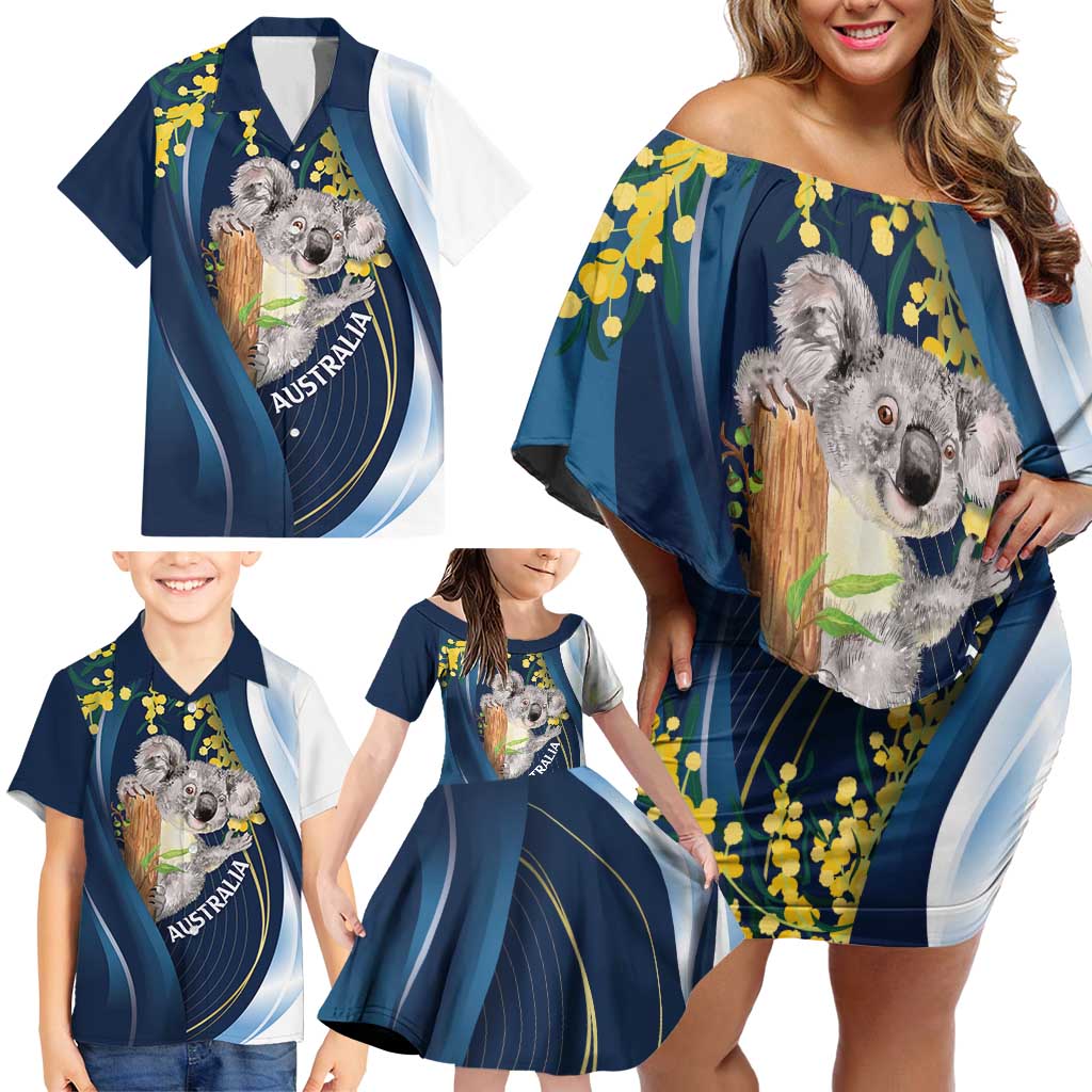 Australia Day Family Matching Off Shoulder Short Dress and Hawaiian Shirt Koala Blue Modern Vibe