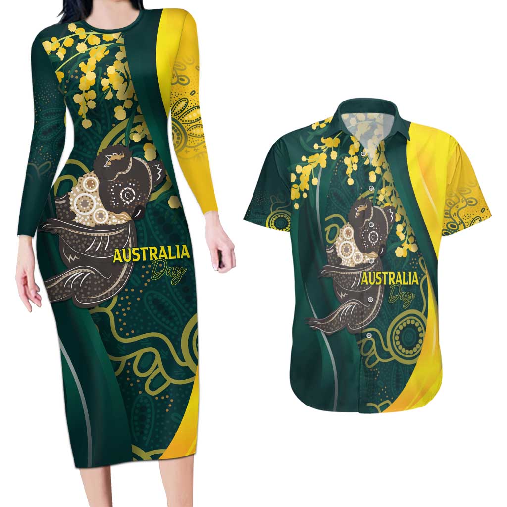 Australia Day Couples Matching Long Sleeve Bodycon Dress and Hawaiian Shirt Koala Aboriginal Art