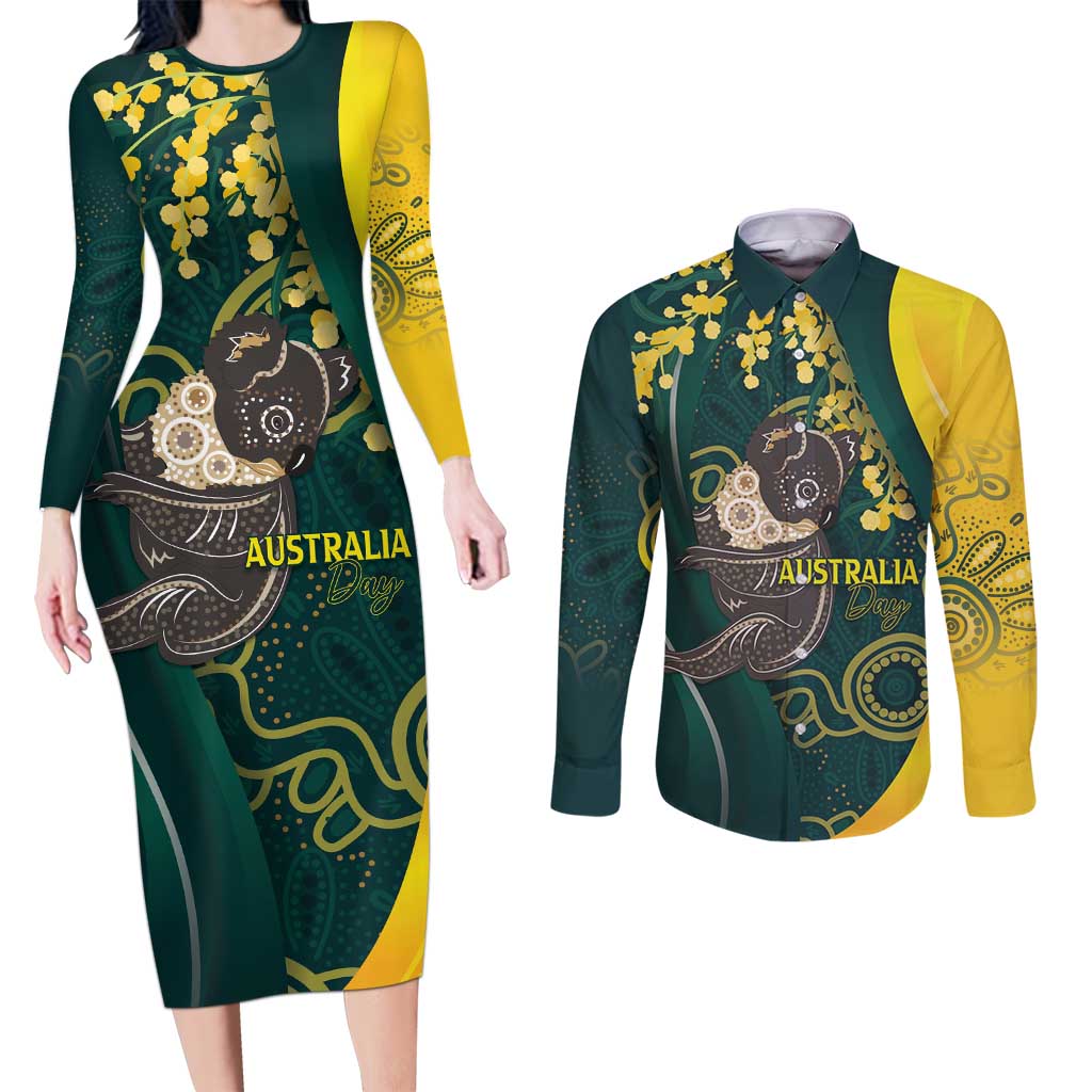 Australia Day Couples Matching Long Sleeve Bodycon Dress and Long Sleeve Button Shirt Koala Aboriginal Art