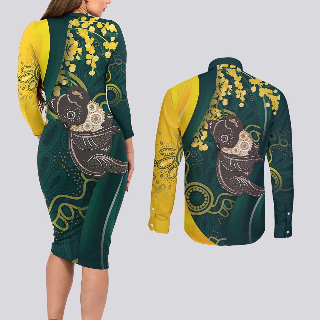 Australia Day Couples Matching Long Sleeve Bodycon Dress and Long Sleeve Button Shirt Koala Aboriginal Art