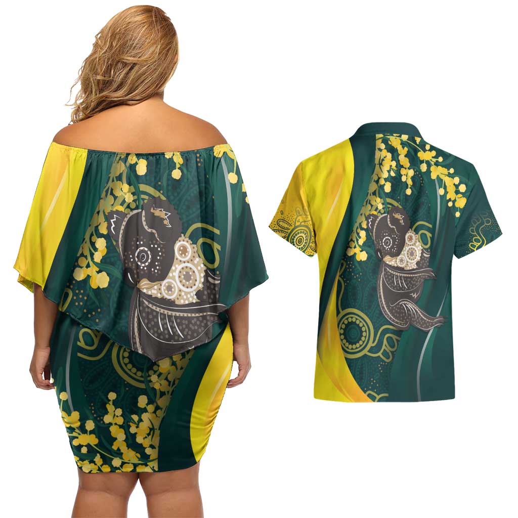 Australia Day Couples Matching Off Shoulder Short Dress and Hawaiian Shirt Koala Aboriginal Art