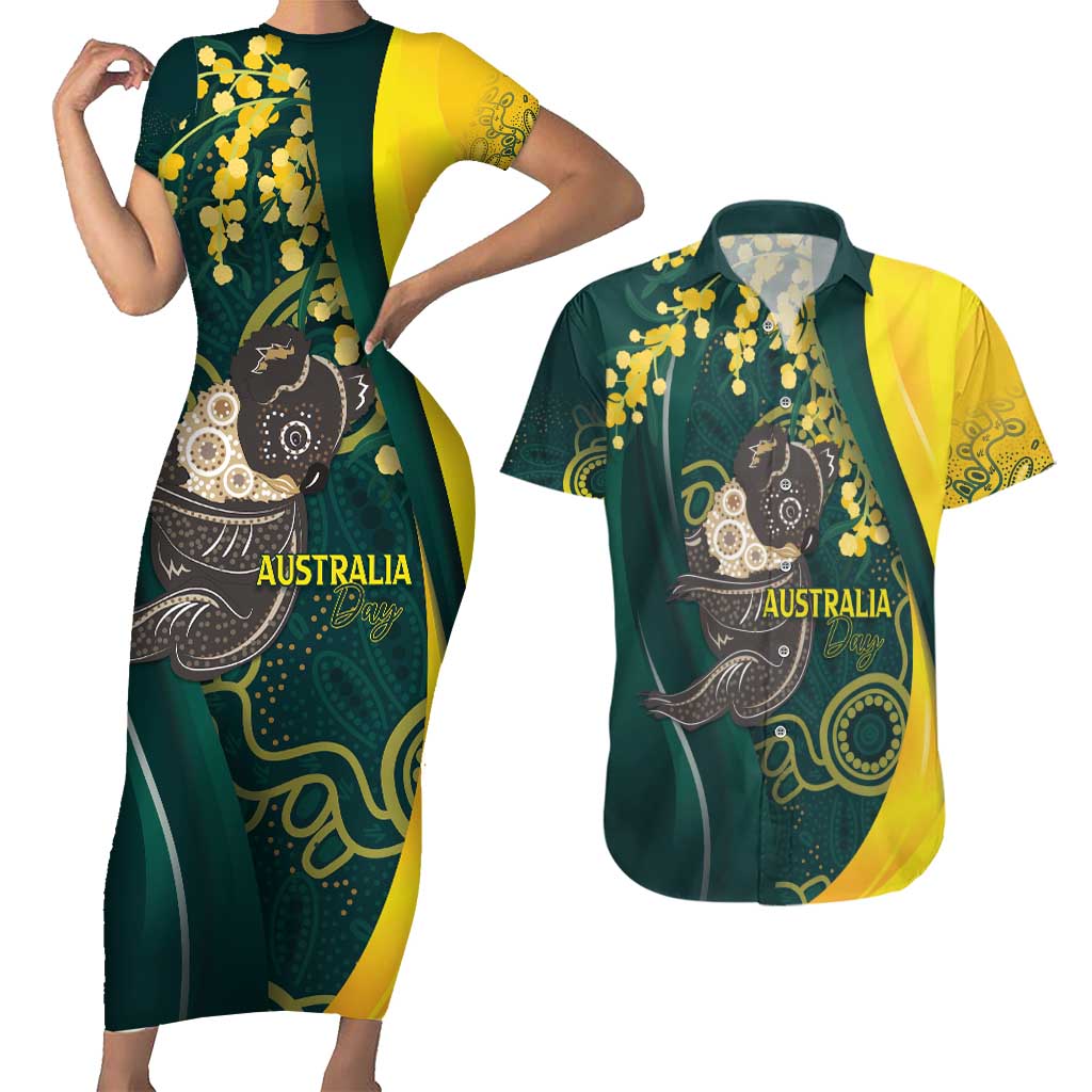 Australia Day Couples Matching Short Sleeve Bodycon Dress and Hawaiian Shirt Koala Aboriginal Art