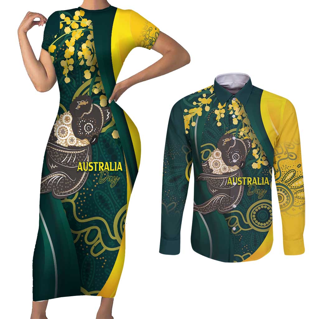 Australia Day Couples Matching Short Sleeve Bodycon Dress and Long Sleeve Button Shirt Koala Aboriginal Art