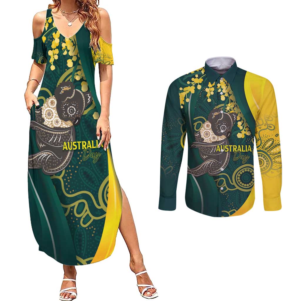 Australia Day Couples Matching Summer Maxi Dress and Long Sleeve Button Shirt Koala Aboriginal Art