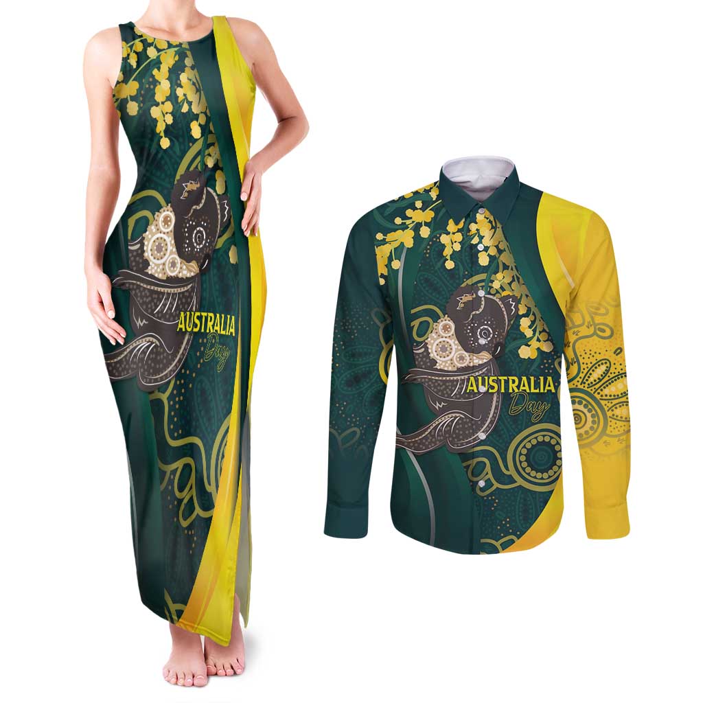 Australia Day Couples Matching Tank Maxi Dress and Long Sleeve Button Shirt Koala Aboriginal Art