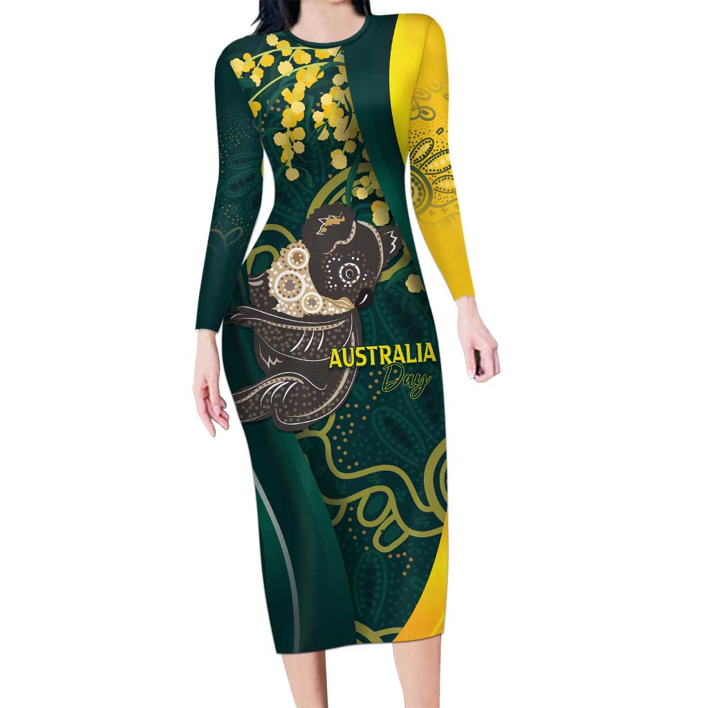 Australia Day Family Matching Long Sleeve Bodycon Dress and Hawaiian Shirt Koala Aboriginal Art