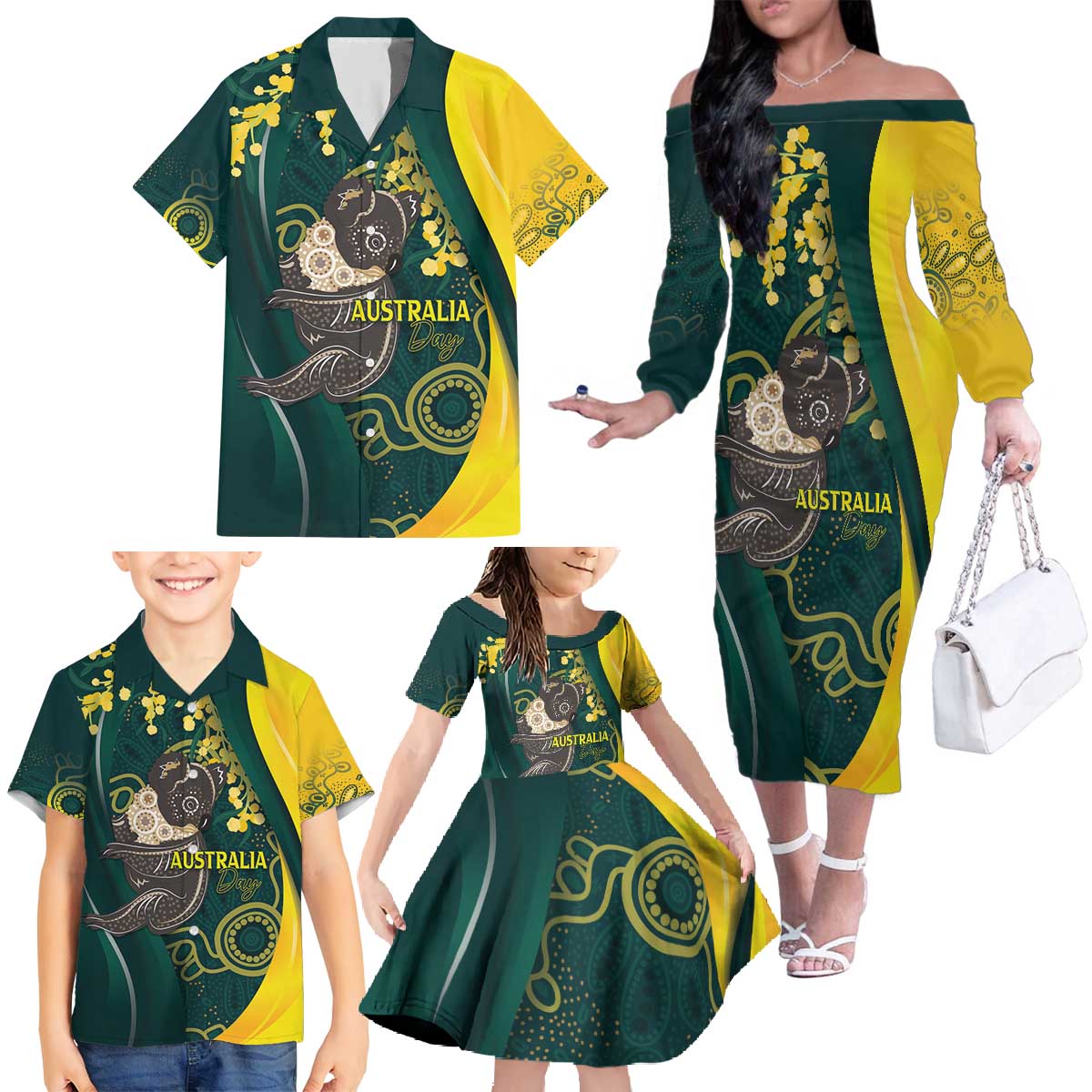 Australia Day Family Matching Off The Shoulder Long Sleeve Dress and Hawaiian Shirt Koala Aboriginal Art