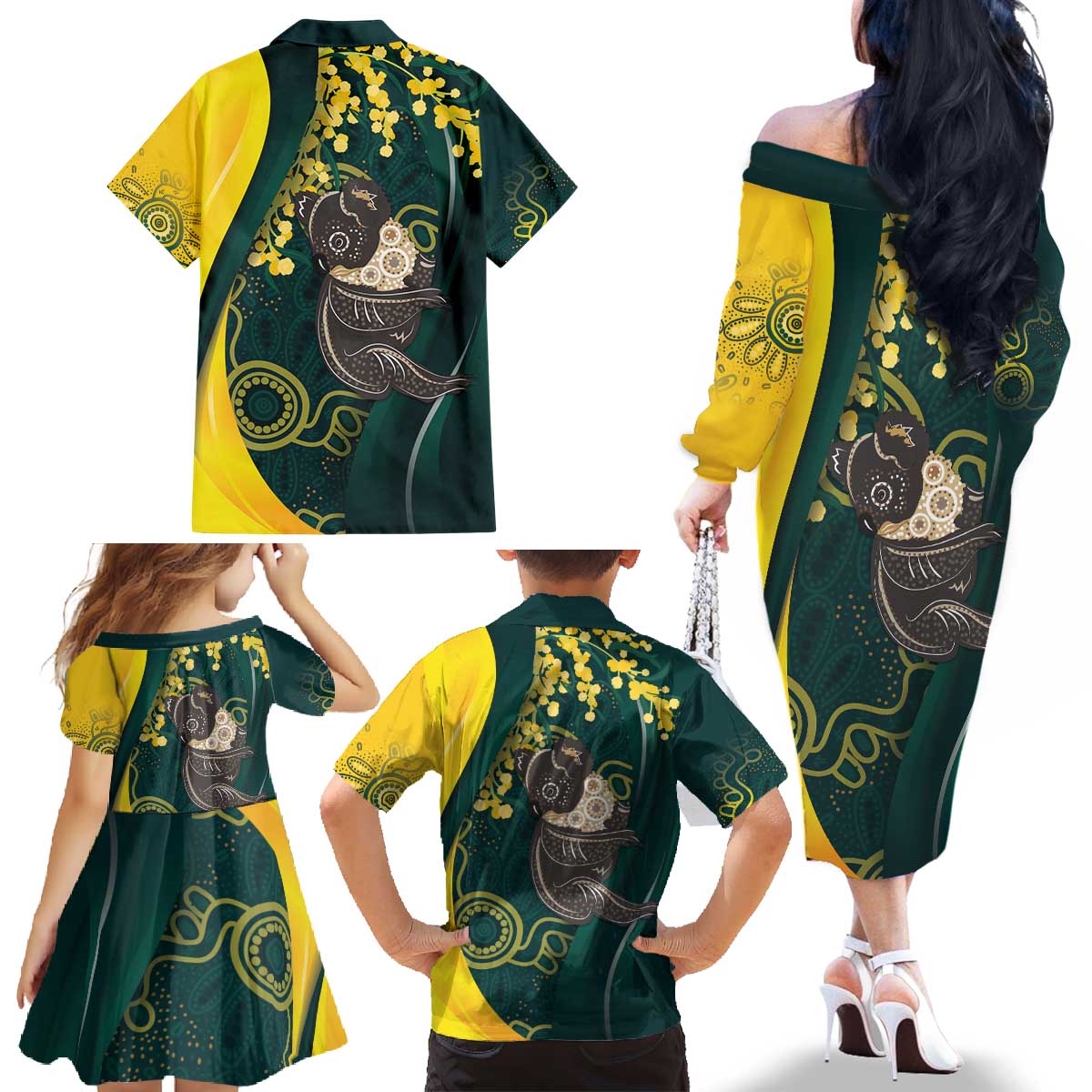 Australia Day Family Matching Off The Shoulder Long Sleeve Dress and Hawaiian Shirt Koala Aboriginal Art