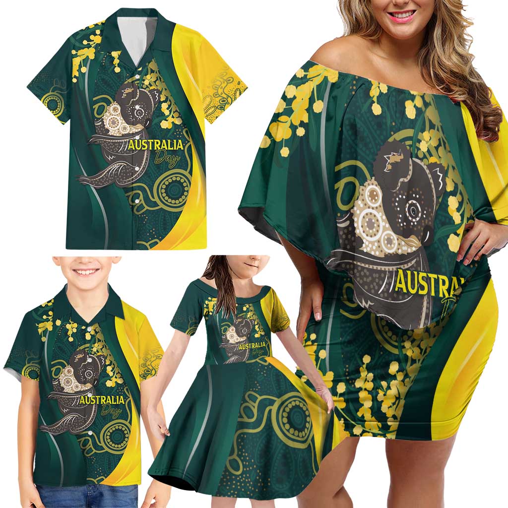 Australia Day Family Matching Off Shoulder Short Dress and Hawaiian Shirt Koala Aboriginal Art