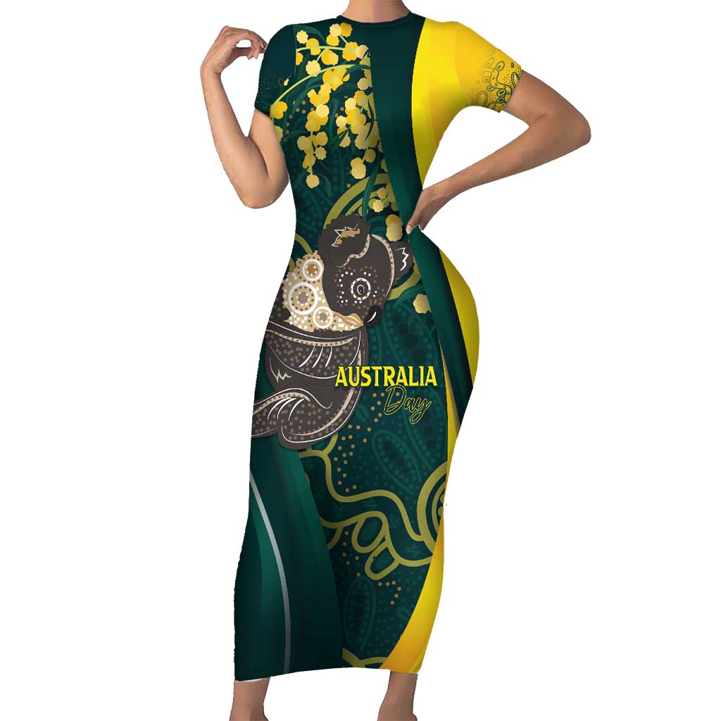 Australia Day Family Matching Short Sleeve Bodycon Dress and Hawaiian Shirt Koala Aboriginal Art