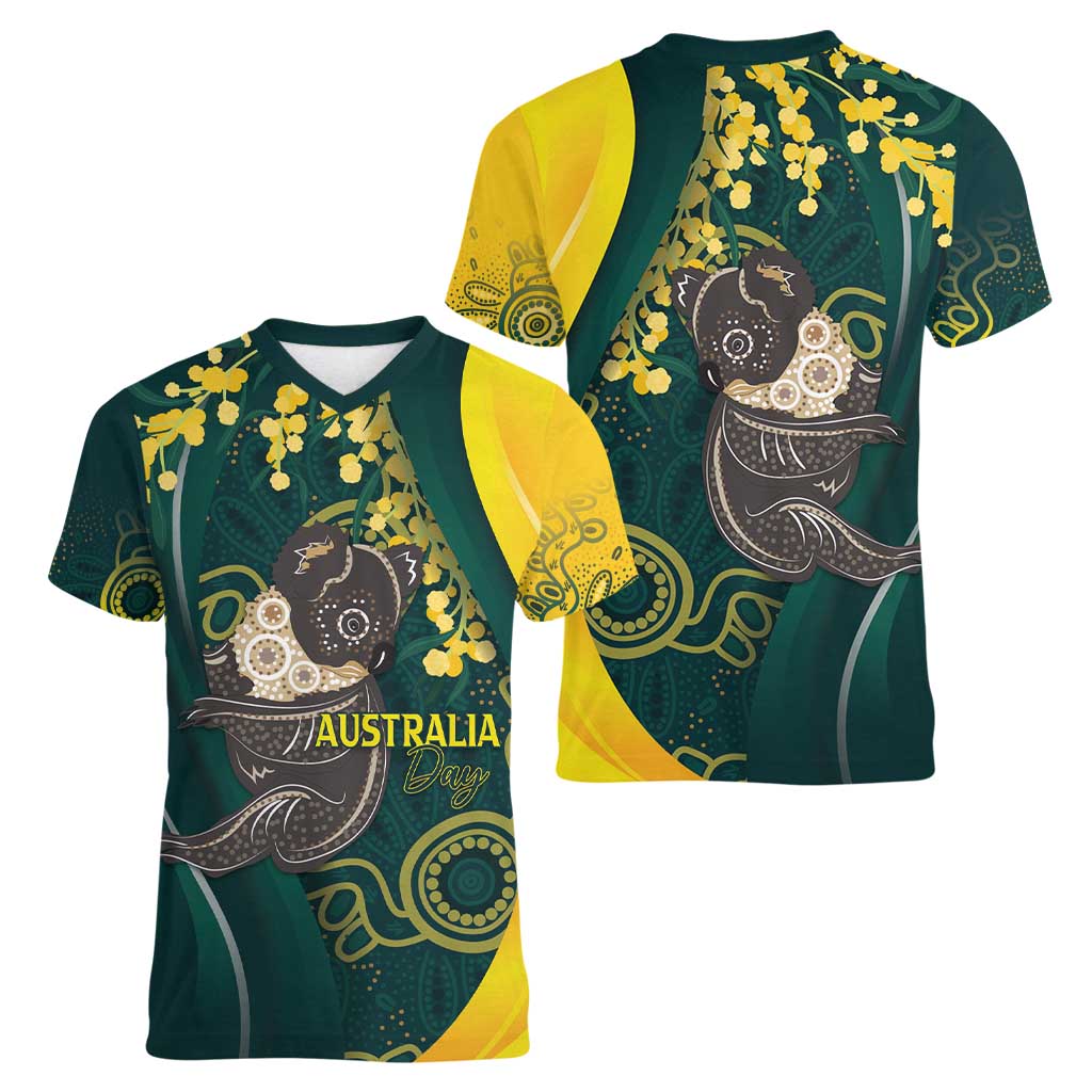 Australia Day Women V-Neck T-Shirt Koala Aboriginal Art - Vibe Hoodie Shop