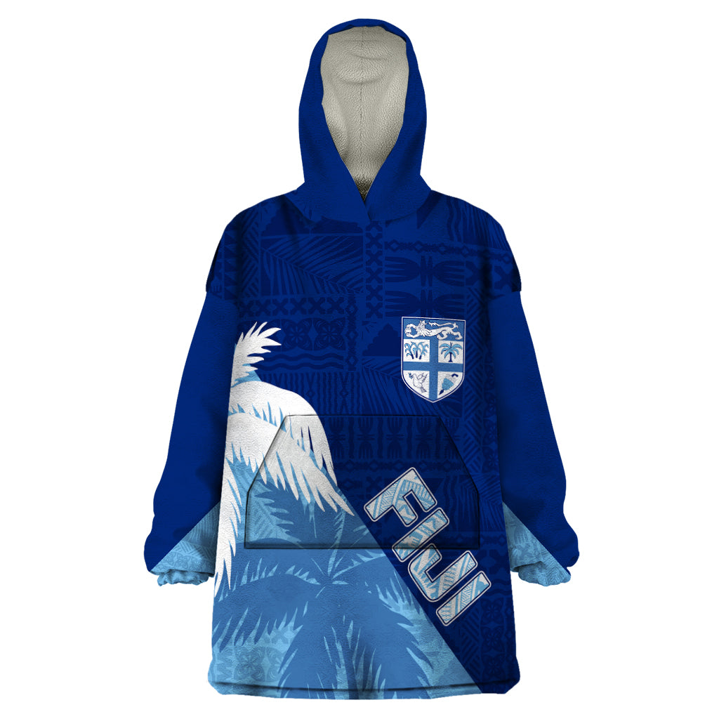 Personalised Fiji Rugby Wearable Blanket Hoodie Palm Trees Mix Tapa - Vibe Hoodie Shop