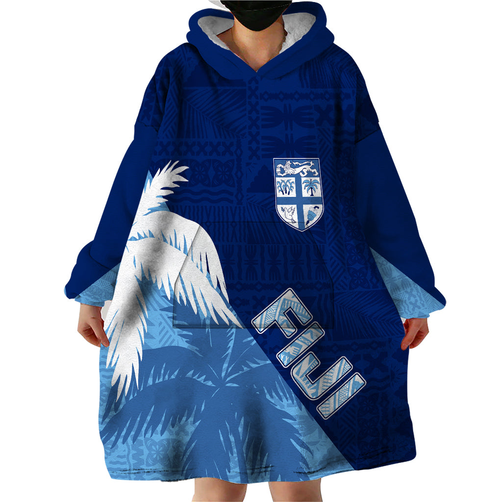 Personalised Fiji Rugby Wearable Blanket Hoodie Palm Trees Mix Tapa - Vibe Hoodie Shop