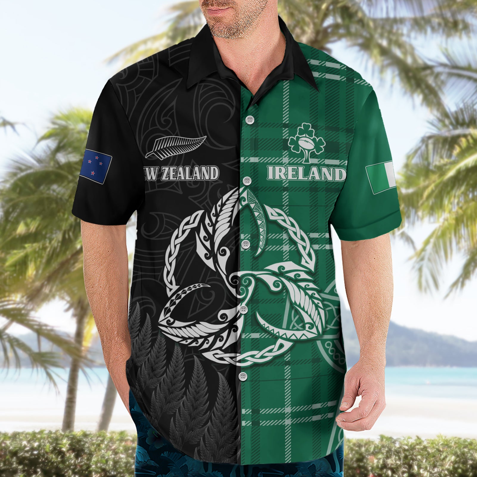 Personalised New Zealand Mix Ireland Rugby Hawaiian Shirt Celtic Knot Mix Silver Ferns - Vibe Hoodie Shop