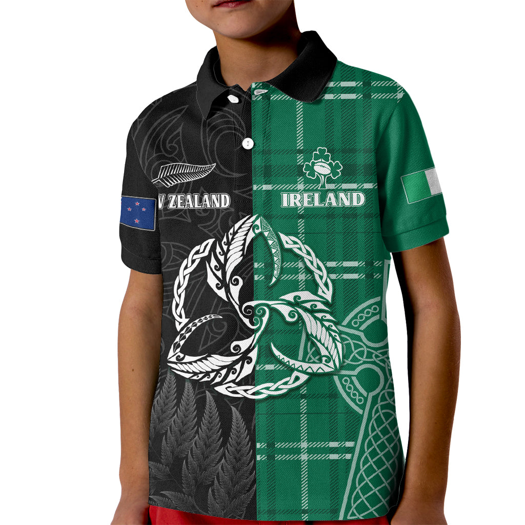 Personalised New Zealand Mix Ireland Rugby Kid Polo Shirt Celtic Knot Mix Silver Ferns - Vibe Hoodie Shop