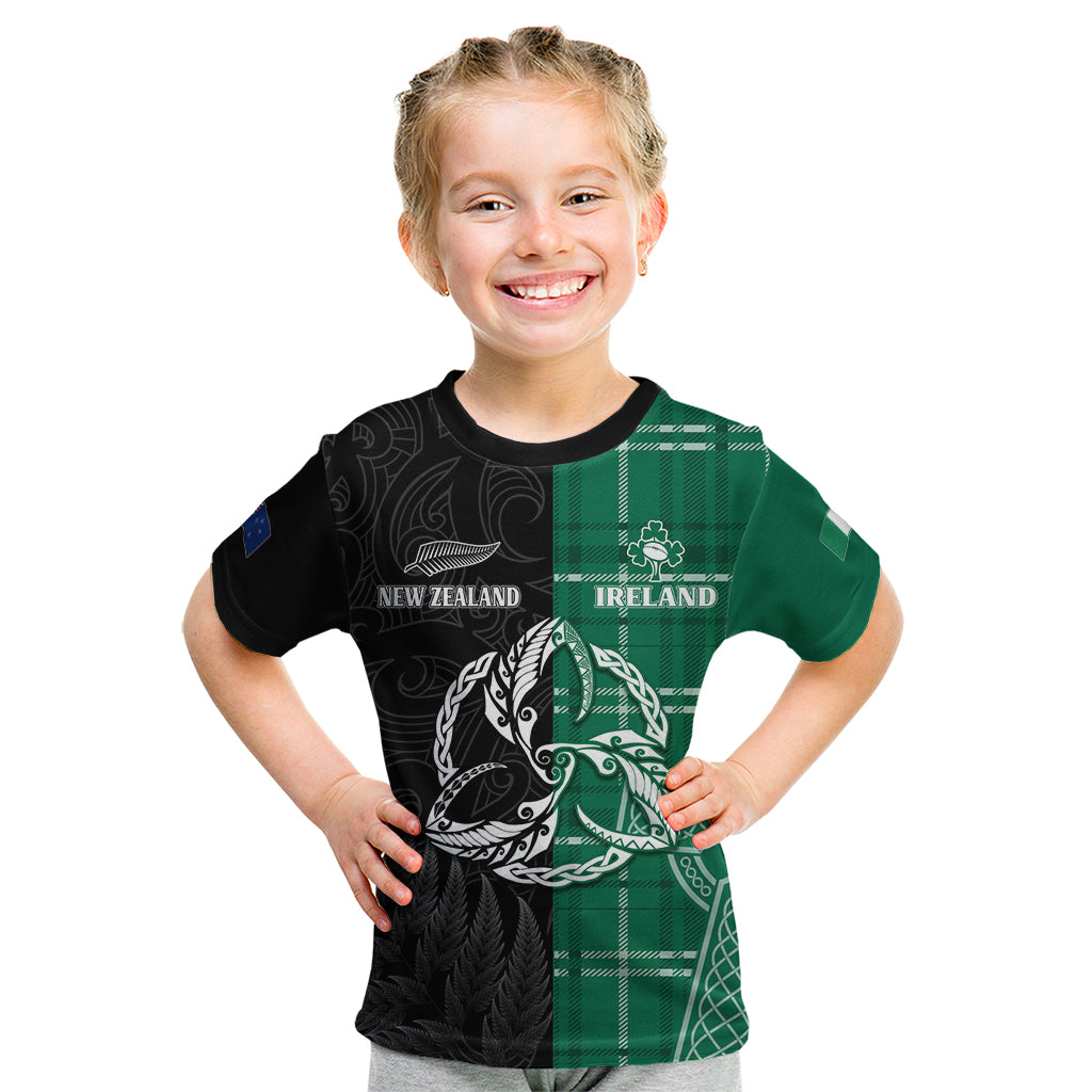 Personalised New Zealand Mix Ireland Rugby Kid T Shirt Celtic Knot Mix Silver Ferns - Vibe Hoodie Shop