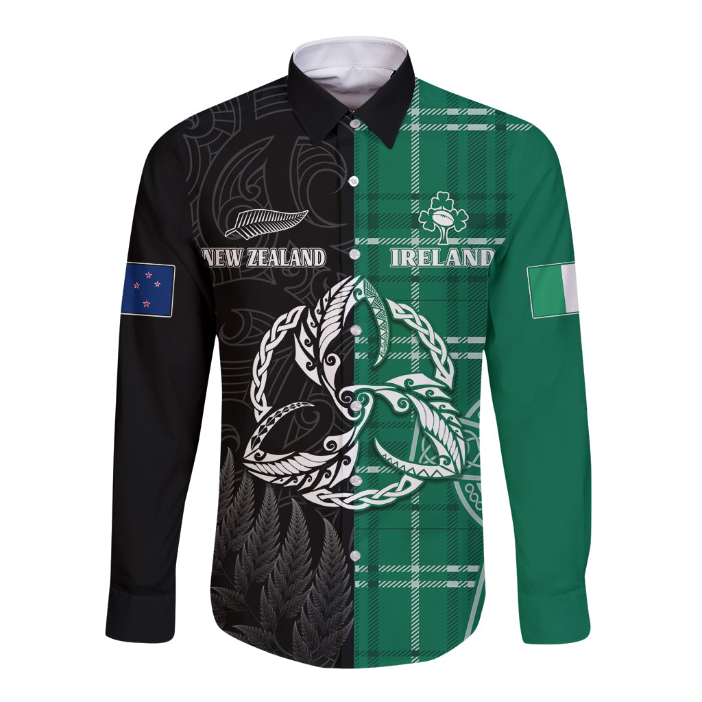 Personalised New Zealand Mix Ireland Rugby Long Sleeve Button Shirt Celtic Knot Mix Silver Ferns - Vibe Hoodie Shop