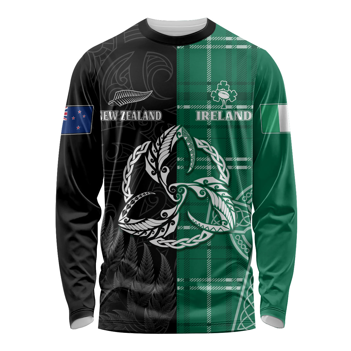 Personalised New Zealand Mix Ireland Rugby Long Sleeve Shirt Celtic Knot Mix Silver Ferns - Vibe Hoodie Shop