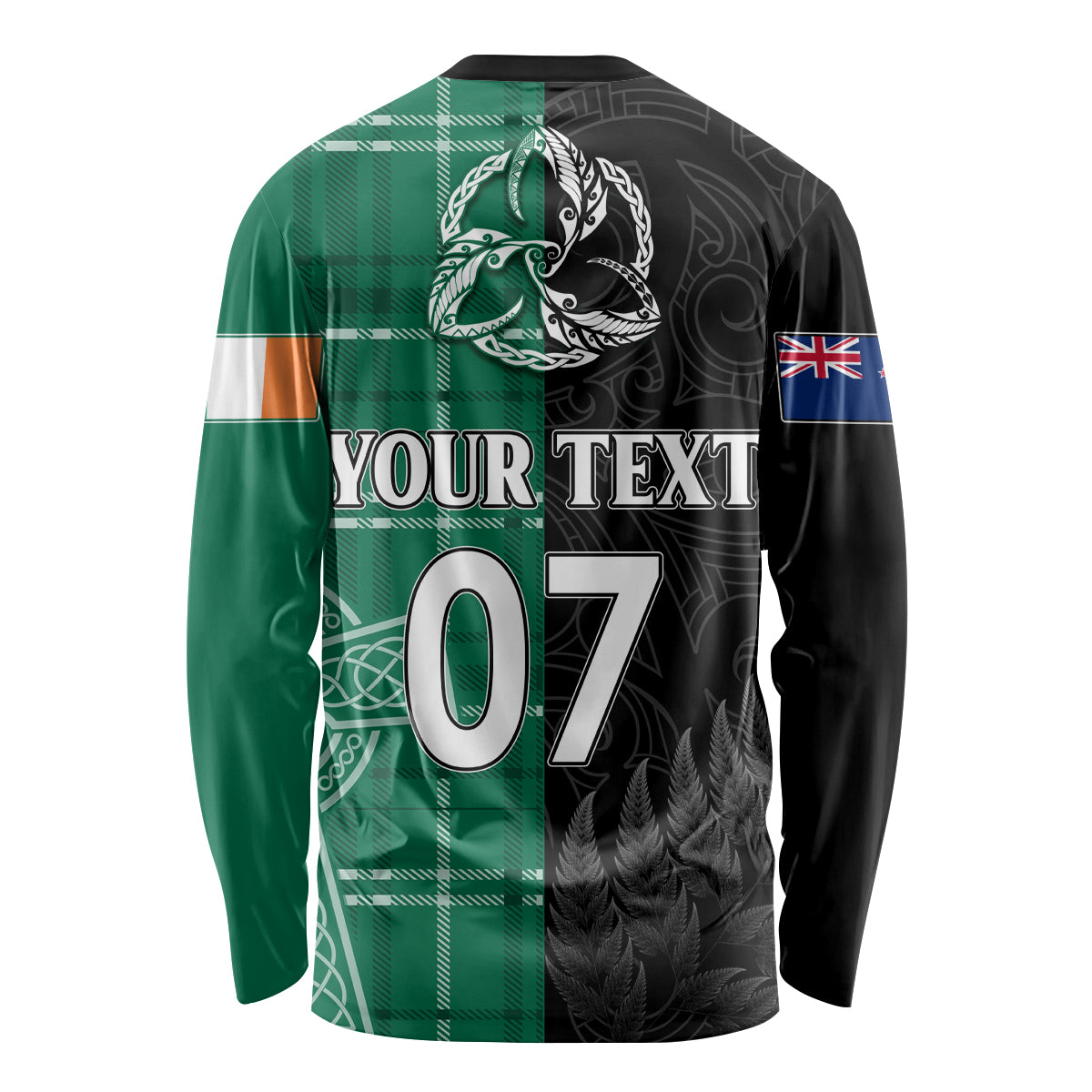 Personalised New Zealand Mix Ireland Rugby Long Sleeve Shirt Celtic Knot Mix Silver Ferns - Vibe Hoodie Shop