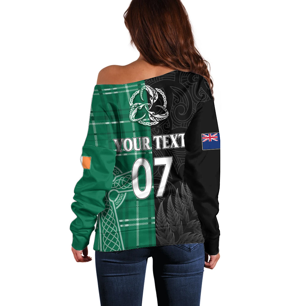 Personalised New Zealand Mix Ireland Rugby Off Shoulder Sweater Celtic Knot Mix Silver Ferns - Vibe Hoodie Shop