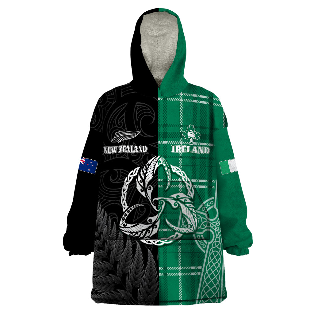 Personalised New Zealand Mix Ireland Rugby Wearable Blanket Hoodie Celtic Knot Mix Silver Ferns - Vibe Hoodie Shop