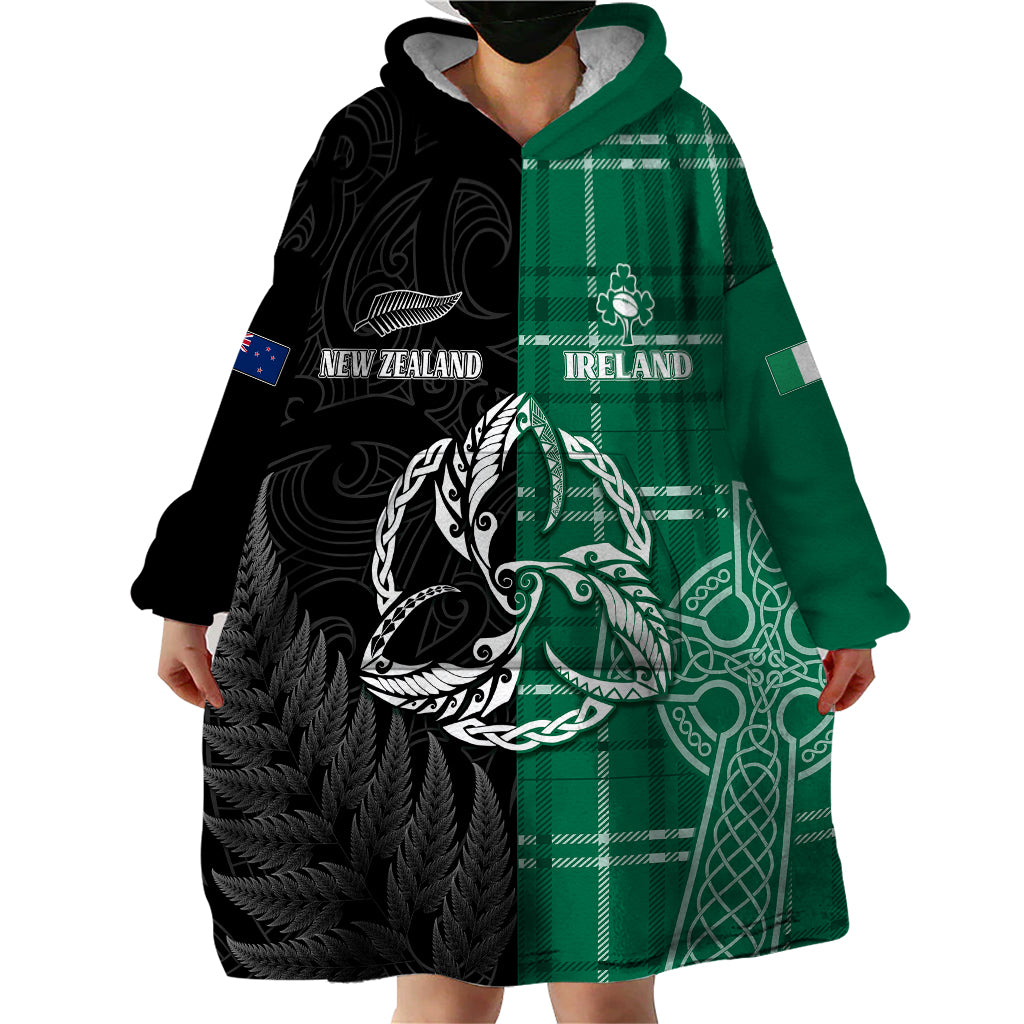 Personalised New Zealand Mix Ireland Rugby Wearable Blanket Hoodie Celtic Knot Mix Silver Ferns - Vibe Hoodie Shop