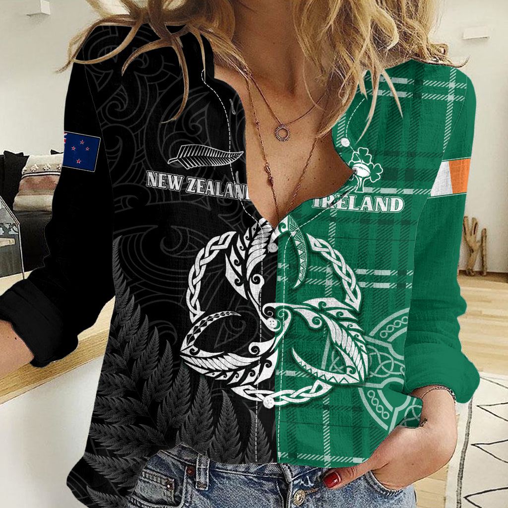 Personalised New Zealand Mix Ireland Rugby Women Casual Shirt Celtic Knot Mix Silver Ferns - Vibe Hoodie Shop