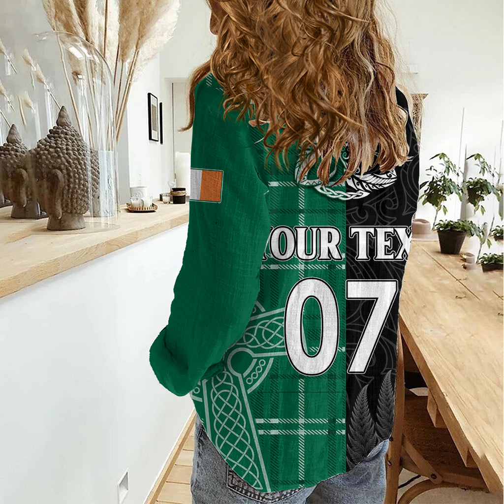 Personalised New Zealand Mix Ireland Rugby Women Casual Shirt Celtic Knot Mix Silver Ferns - Vibe Hoodie Shop