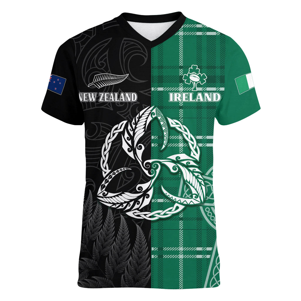 Personalised New Zealand Mix Ireland Rugby Women V Neck T Shirt Celtic Knot Mix Silver Ferns - Vibe Hoodie Shop