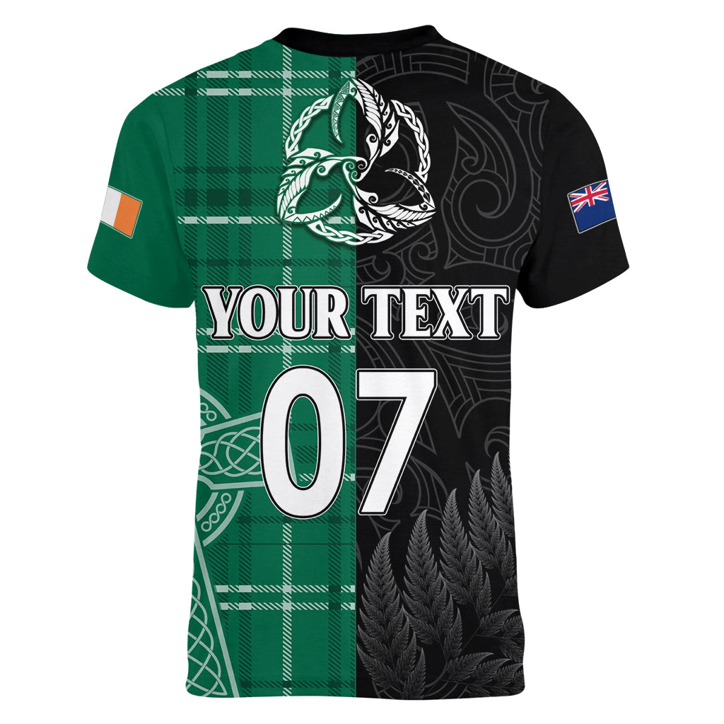 Personalised New Zealand Mix Ireland Rugby Women V Neck T Shirt Celtic Knot Mix Silver Ferns - Vibe Hoodie Shop