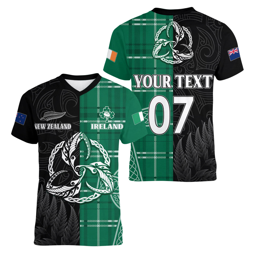 Personalised New Zealand Mix Ireland Rugby Women V Neck T Shirt Celtic Knot Mix Silver Ferns - Vibe Hoodie Shop