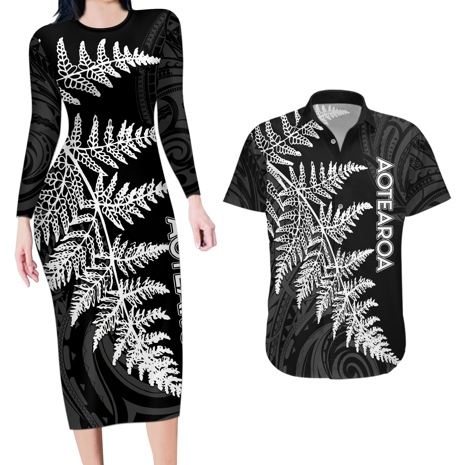 personalised-new-zealand-rugby-couples-matching-long-sleeve-bodycon-dress-and-hawaiian-shirt-world-cup-2023-silver-fern-champions