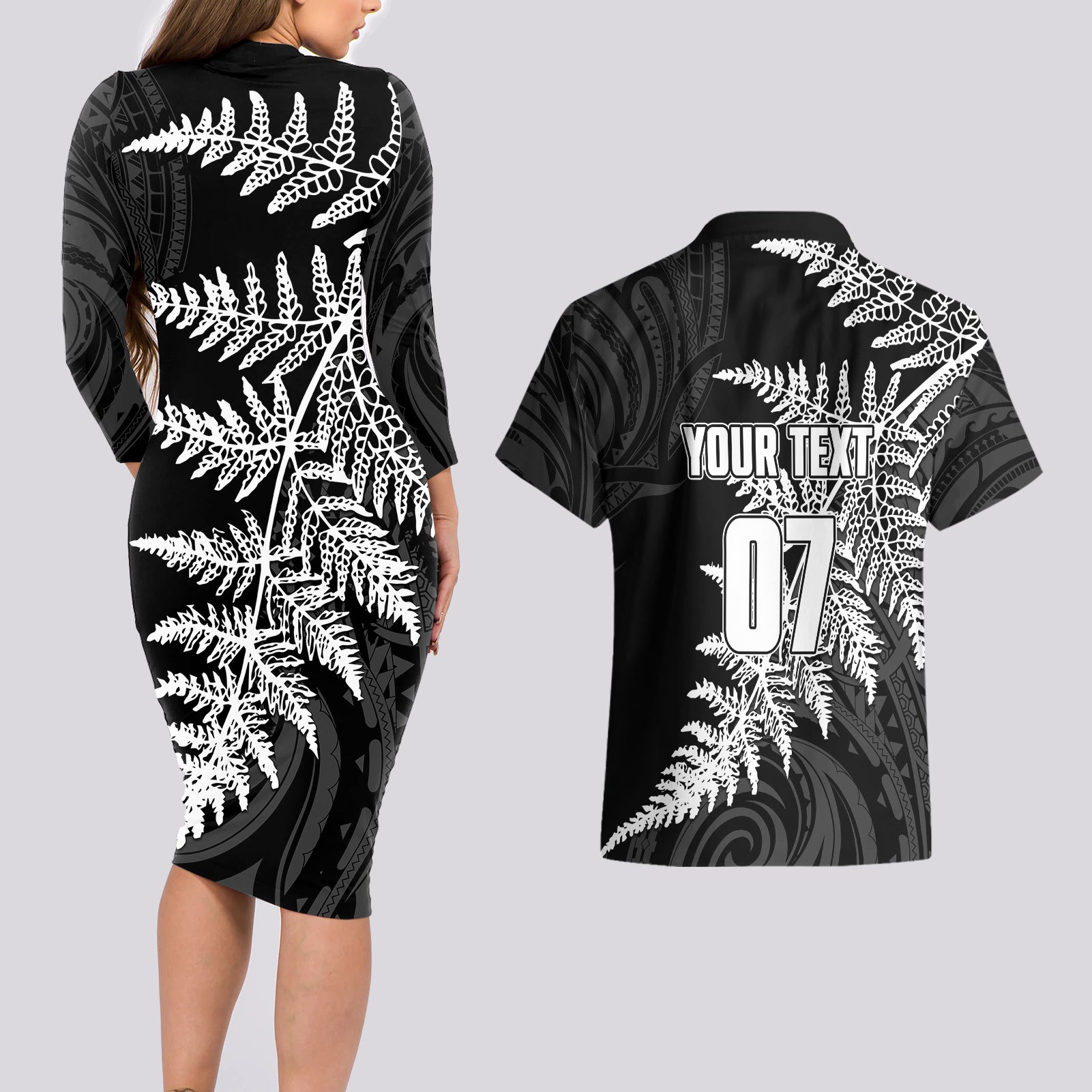 personalised-new-zealand-rugby-couples-matching-long-sleeve-bodycon-dress-and-hawaiian-shirt-world-cup-2023-silver-fern-champions