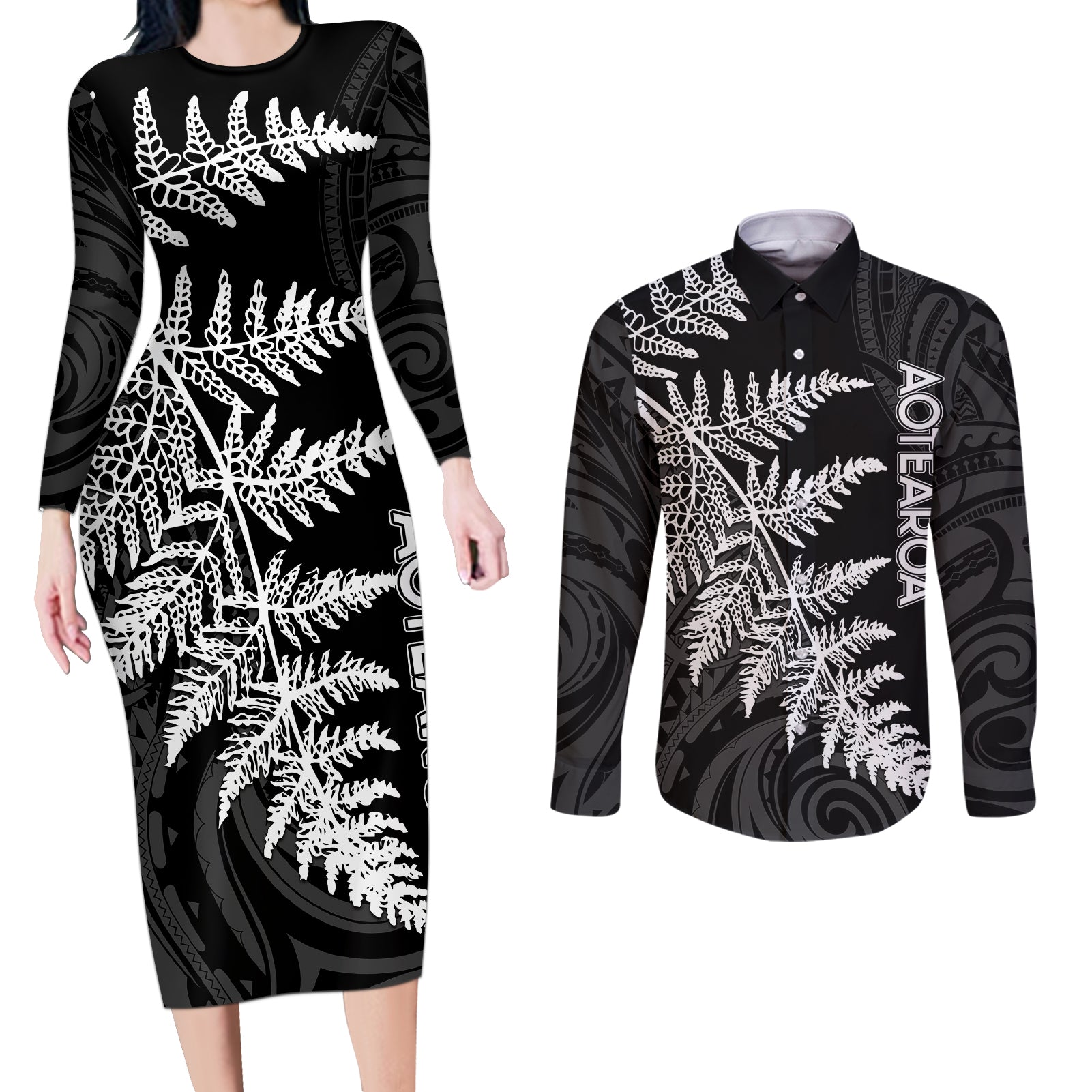 personalised-new-zealand-rugby-couples-matching-long-sleeve-bodycon-dress-and-long-sleeve-button-shirts-world-cup-2023-silver-fern-champions