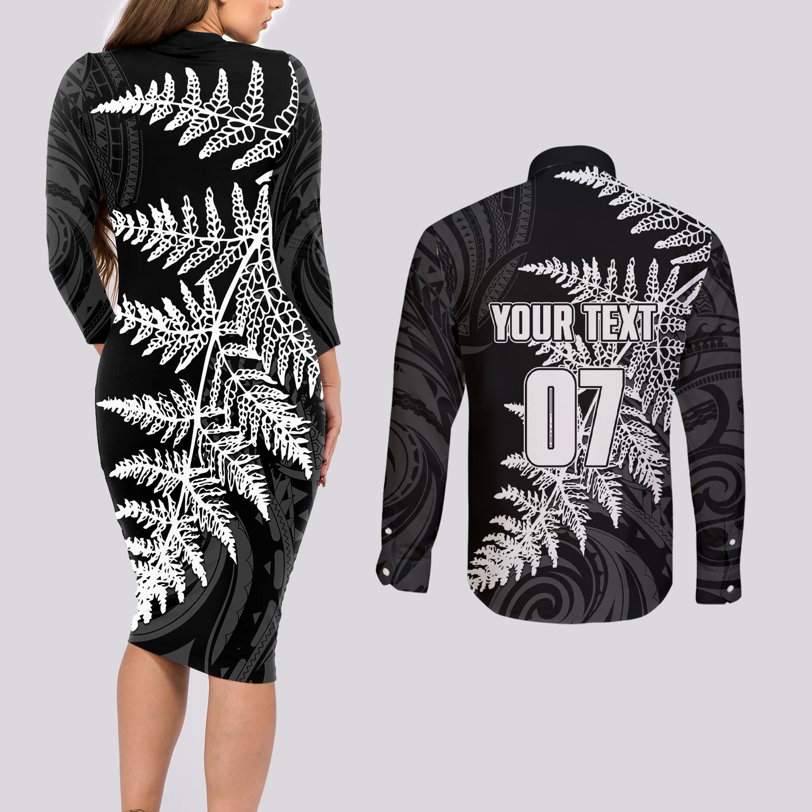 personalised-new-zealand-rugby-couples-matching-long-sleeve-bodycon-dress-and-long-sleeve-button-shirts-world-cup-2023-silver-fern-champions