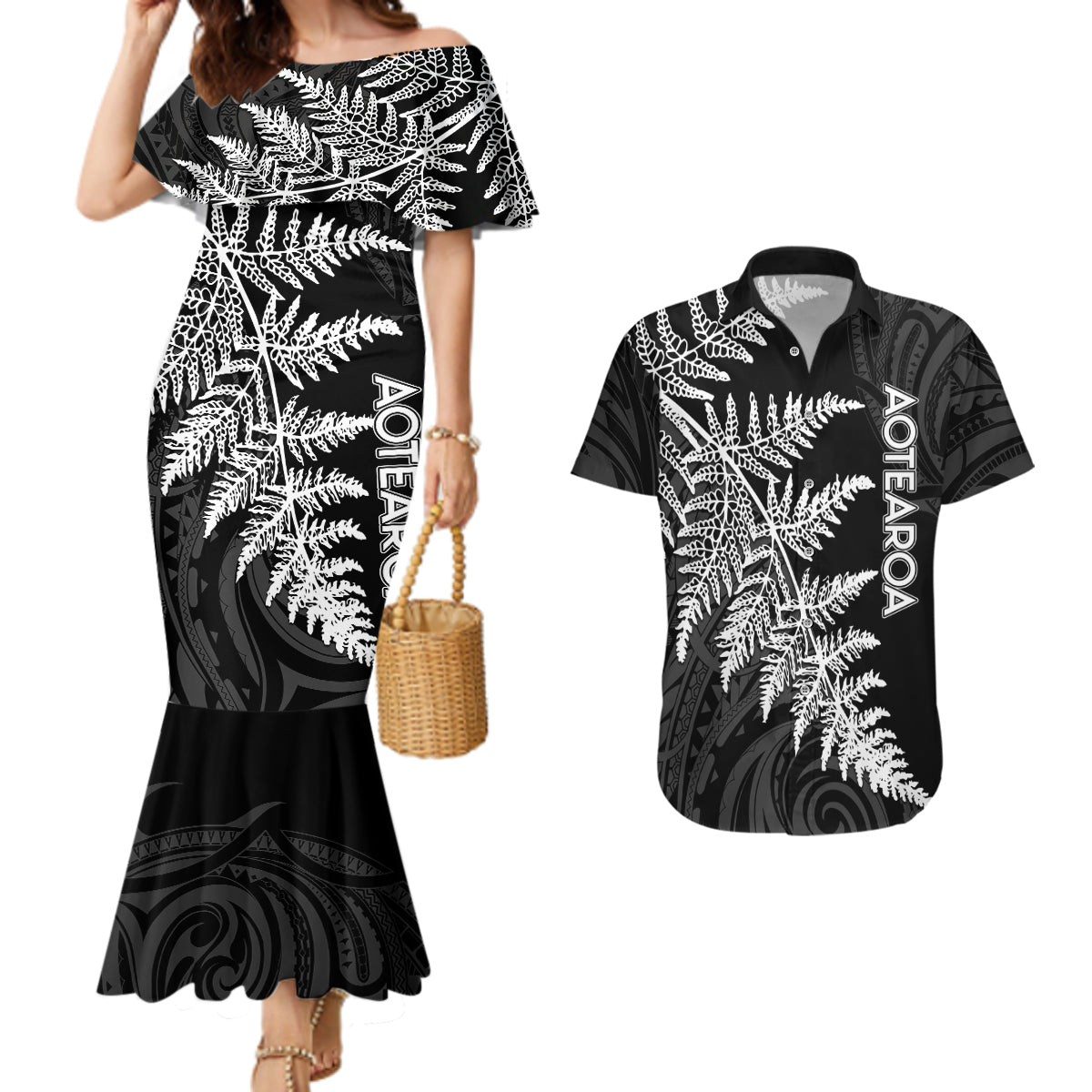 personalised-new-zealand-rugby-couples-matching-mermaid-dress-and-hawaiian-shirt-world-cup-2023-silver-fern-champions