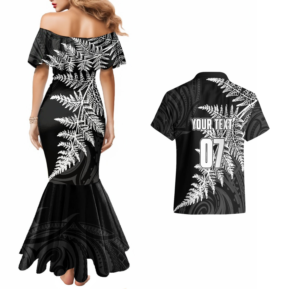 personalised-new-zealand-rugby-couples-matching-mermaid-dress-and-hawaiian-shirt-world-cup-2023-silver-fern-champions