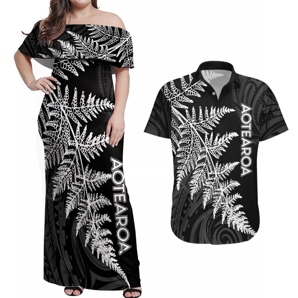 personalised-new-zealand-rugby-couples-matching-off-shoulder-maxi-dress-and-hawaiian-shirt-world-cup-2023-silver-fern-champions