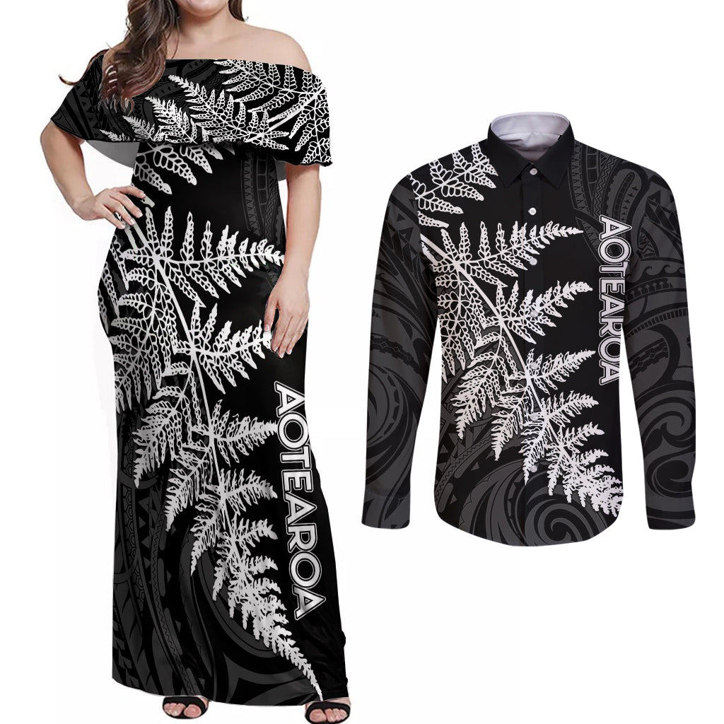personalised-new-zealand-rugby-couples-matching-off-shoulder-maxi-dress-and-long-sleeve-button-shirts-world-cup-2023-silver-fern-champions