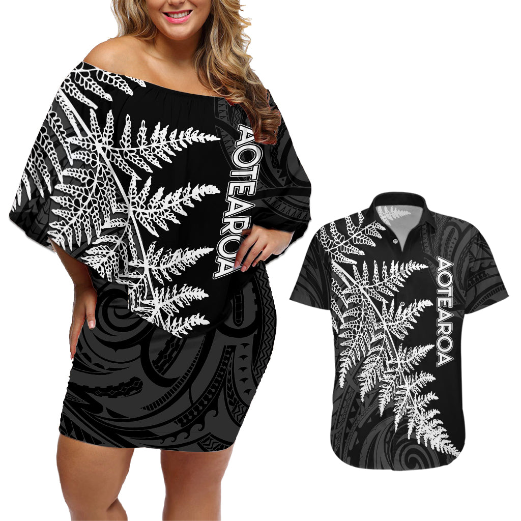 personalised-new-zealand-rugby-couples-matching-off-shoulder-short-dress-and-hawaiian-shirt-world-cup-2023-silver-fern-champions