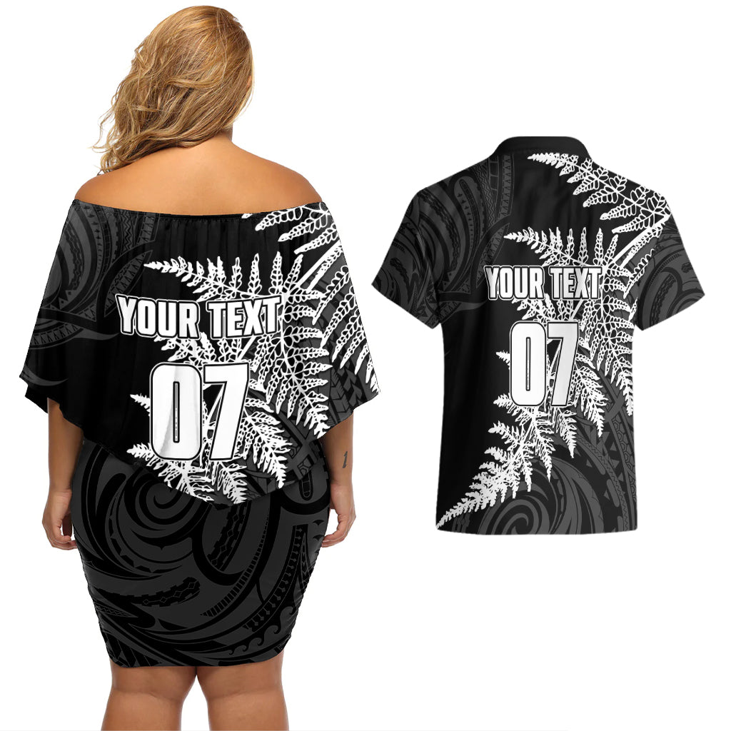 personalised-new-zealand-rugby-couples-matching-off-shoulder-short-dress-and-hawaiian-shirt-world-cup-2023-silver-fern-champions